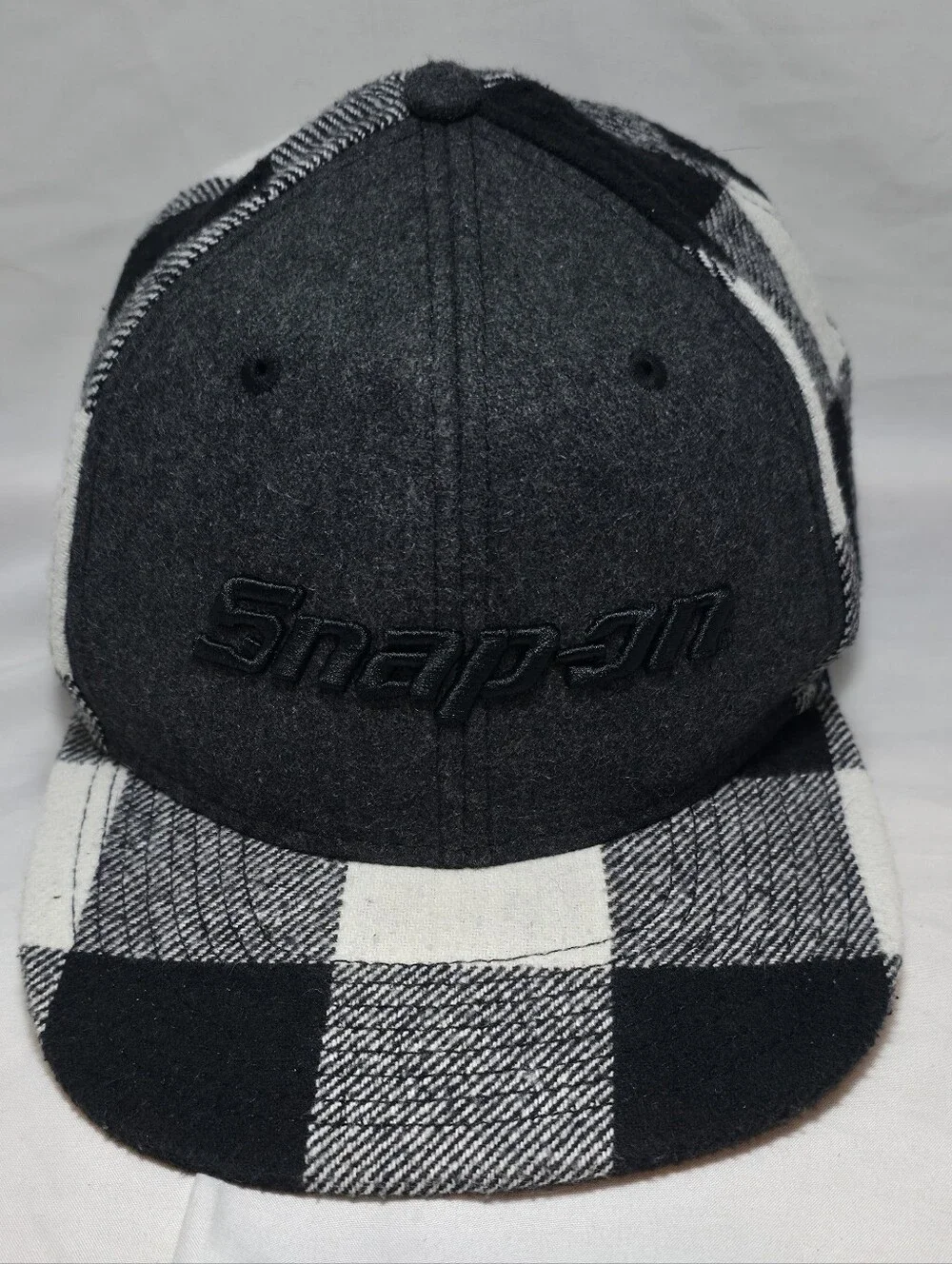 Snap On Wool Blend Plaid Snapback Hat Black, White, Gray